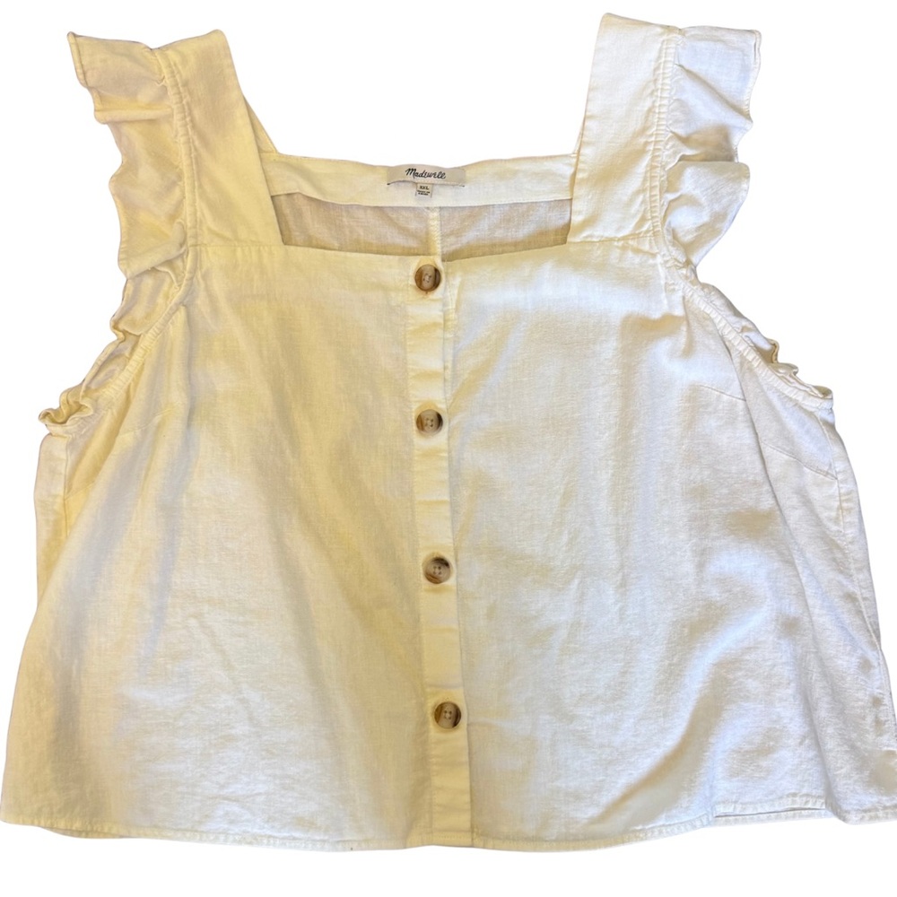 Madewell White Linen Blend Ruffle Sleeve Button Front Top XXL Square Neck Blouse